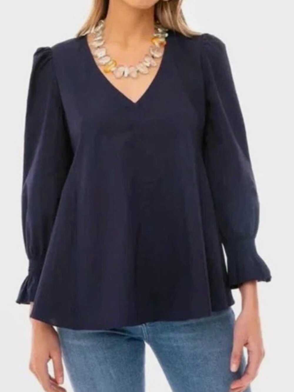 New Pomander Place Top Womens XS Navy Blue Easton Poplin Cotton Blouse